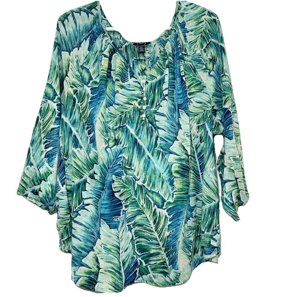 Chaps Denim Tropical Leaf Print Peasant Blouse 2X Green Blue Cotton Top